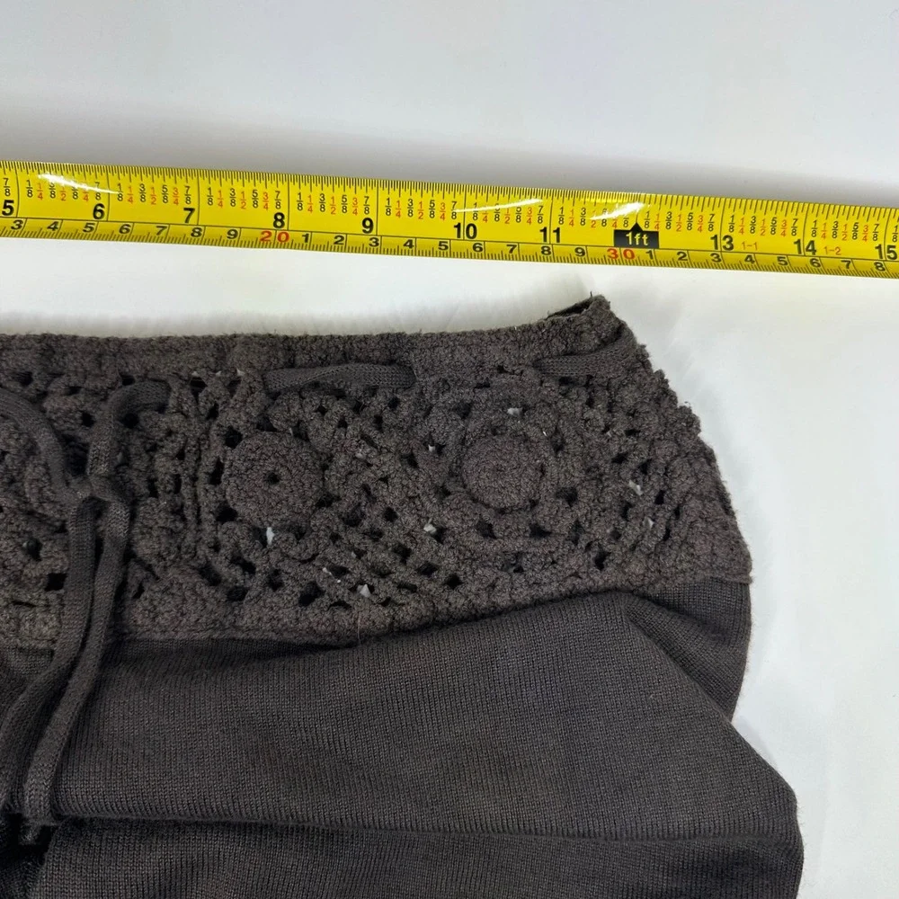 Espresso Brown Crochet Lace Waist Wide Leg Knit Pants Boho Drawstring Medium
